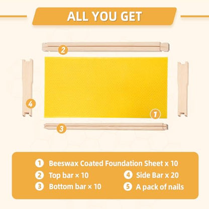 10 Pack Beehive Frames and Wax Foundations for Deep Brood Bee Hives with Honeycombs Wooden Bee Hive Frames and Beeswax Coated Foundations, 9-1/8-Inch (Yellow) - size: 10 Pack Deep Frames-Yellow
