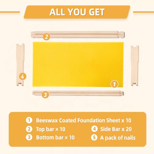 10 Pack Beehive Frames and Wax Foundations for Deep Brood Bee Hives with Honeycombs Wooden Bee Hive Frames and Beeswax Coated Foundations, 9-1/8-Inch (Yellow) - size: 10 Pack Deep Frames-Yellow