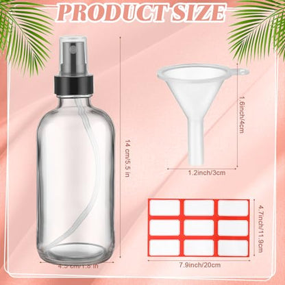 Fumete 2 Pack Glass Bottles 4oz Empty Refillable Liquid Containers with 1 Label 1 Funnel for Essential Oils Hair Travel Plants Cleaning Skin Care(Clear, Black Top,Mist Bottle) - color: Clear, Black Top, style: Mist Bottle