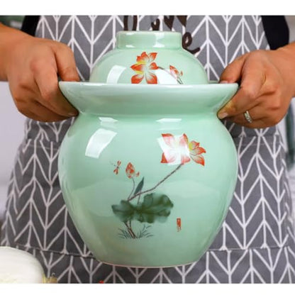 Large Ceramic Pickle Jar with Lids, Green Traditional Chinese Porcelain Pickle Jar,Ceramic Fermentation Crock with Water Seal Airlock Lid,Sauerkraut Crock 3.5kg (7kg - size: 7kg