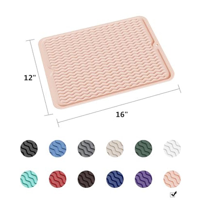 ZLR Silicone Dish Drying Mat for Kitchen Counter (12" x 16" / 307 x 405mm) - Large Fast-Dry Drainer Mat with Raised Wavy Ridges & 5mm Lip - Non-Slip, Heat Resistant 450°F, BPA-Free (Peach Pink) - color: Peach Pink, size: 16" x 12"