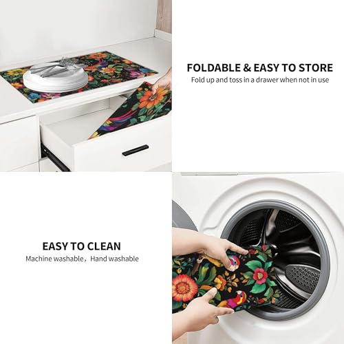 Mexican Flowers Dish Drying Mat for Kitchen Counter Microfiber Super Absorbent Non-Slip Dish Drying Pad for Countertops Dishes Utensils Stylish Quick-Dry Machine Washable 18x24 Inch - color: Mexican Flowers
