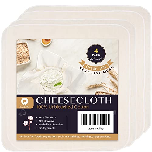 Precut Cheesecloth, 20 x 20'' 4 Pack, Grade 100, Ultra Fine Cheese Cloth for Straining & Cooking, 100% Unbleached Cotton Cloth for Making Cheese - size: 20x20'' 4 Pack