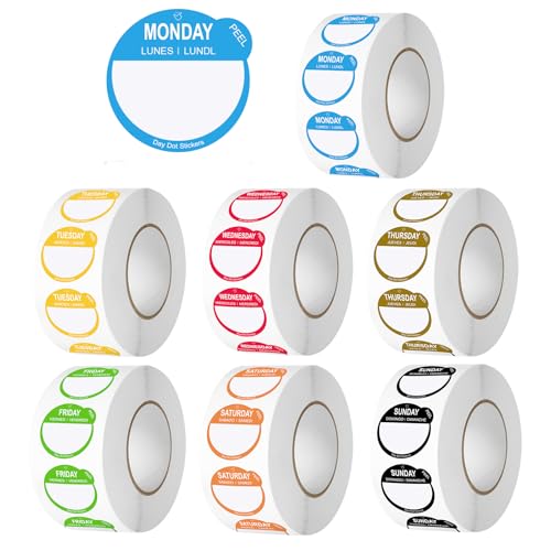 Day Dots Food Labels, 1 Inch 7000 Pcs Removable Date Stickers for Food, 7 Rolls Wmiwulien Day Labels for Restaurant Kitchen Containers, Self Adhesive Day Dot Sticker - color: Day Dots Food Labels
