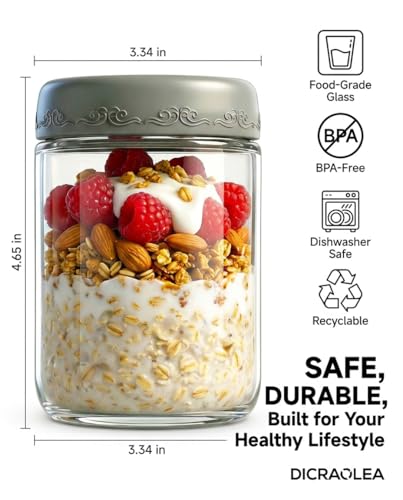 16oz 4Pack Glass Overnight Oats Jars Containers with Airtight Leakproof Lids, Reusable Mason Jars for Meal Prep, Yogurt Parfaits, Smoothies, Salads & Healthy Breakfasts (16 OZ-4-2) - color: 16oz-4-2
