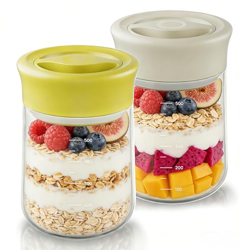Overnight Oats Containers with Lids, 2 Pack 17oz Glass Jars with Airtight Lids, Wide Mouth Mason Jars, Food Coffee Bean Storage Containers for Yogurt, Chia Pudding, Snack, Salad(Yellow+Beige) - color: Yellow + Beige, size: 17 OZ(500ml)