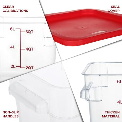 BIEAMA 4 Pack Food Storage Containers, 6 Quart with Lids, Square Commercial Containers with Scale, NSF, Polycarbonate, Clear - color: 6Qt-4 Pack(Red Lids)