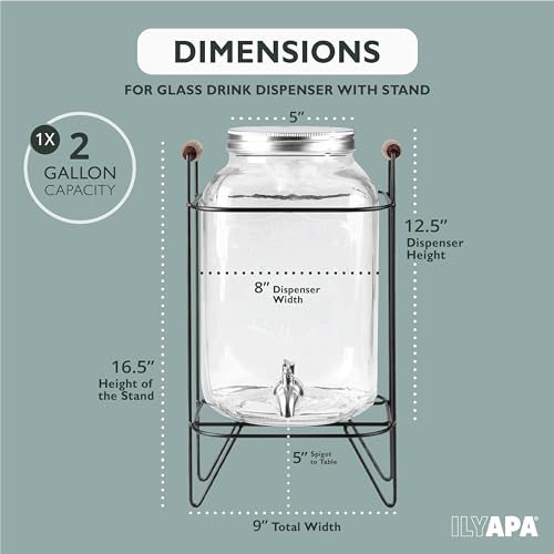 Ilyapa 2 Gallon Glass Beverage Dispenser, Metal Base, Stainless Steel Spigot & Hanging Chalkboard - for Lemonade, Tea, Cold Water & More - size: 2 Gallon with Black Stand