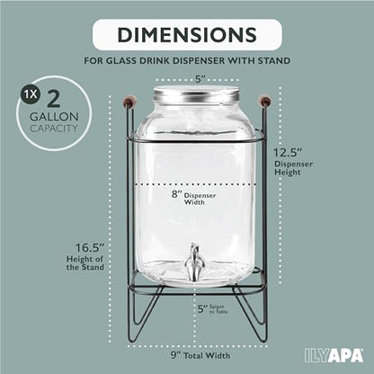 Ilyapa 2 Gallon Glass Beverage Dispenser, Metal Base, Stainless Steel Spigot & Hanging Chalkboard - for Lemonade, Tea, Cold Water & More - size: 2 Gallon with Black Stand