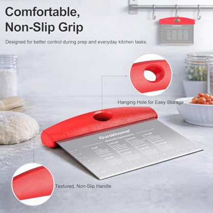 Ourokhome 2 Pack Bench Scraper Dough Cutter, Stainless Steel Dough Scraper with Laser-Etched Scale, Conversion Chart, Non-Slip Handle, Dishwasher Safe for Bread & Pastry, Red - color: Red