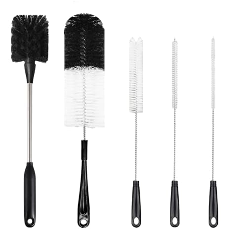 5 Pack Bottle Brush, 15in Stainless Steel Water Bottle Brush, 3 Straw Brushes, for Cleaning Baby Bottles, Sports Water Bottle, Wine Decanters, Coffee Mug, Narrow Bottle, Tumblers, Flasks, Round Head - color: 5pcs/Black