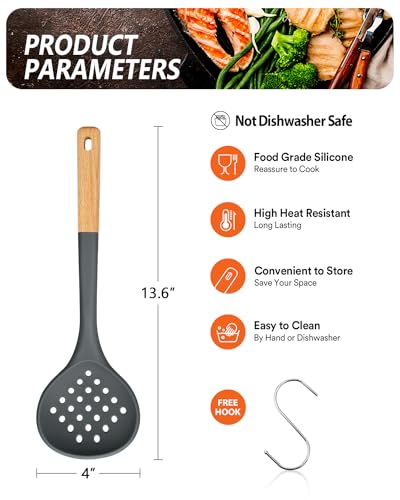 Kitchen Ladle Strainer, Large Slotted Spoon with High Heat Resistant BPA Free, Non Stick Cooking Skimmers For Draining & Frying, 13.2inch (Grey) - color: Gray