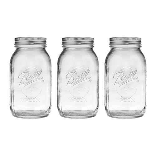 Ball Regular Mouth Glass Mason Jars with Lids and Bands, Used for Canning, Pickling, Juice, Jam, Jelly, Quart Size 32 Ounce (Pack of 3) - color: Quart, size: 32 Ounce (Pack of 3)