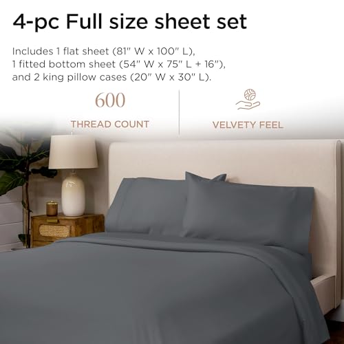 Threadmill 100% Cotton Sheets for Full Size Bed - 600 Thread Count Full Bed Sheets Set with 16” Deep Pocket - Sateen Weave 4-Piece Bedding Set with Cooling Effect, Dark Grey - color: Dark Grey Solid, size: Full