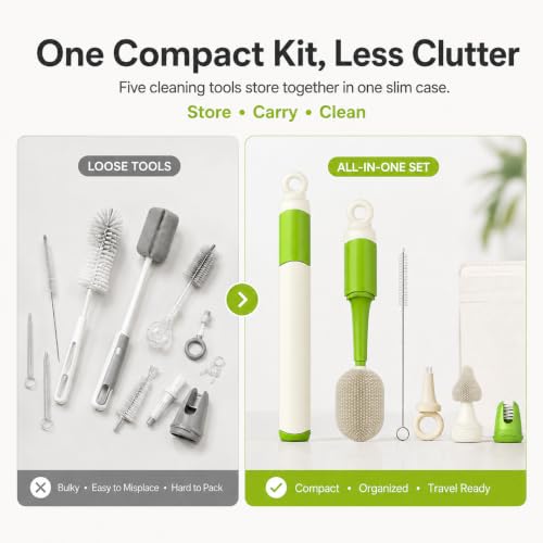 Baby Bottle Brush Set for Baby Bottles, 5 Cleaning Tools with Silicone Bottle and Nipple Brush Heads, Straw Brush, Detail Brush, Cup Rim Cleaner, Integrated Travel Storage, (Green)