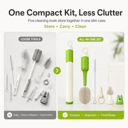 Baby Bottle Brush Set for Baby Bottles, 5 Cleaning Tools with Silicone Bottle and Nipple Brush Heads, Straw Brush, Detail Brush, Cup Rim Cleaner, Integrated Travel Storage, (Green)