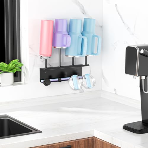 Wall Mounted Water Bottle Drying Rack with Lid & Straw Organizer, Metal Tumbler and Cup Dryer Stand, Space-Saving Drying and Storage Rack for Tumbler, Bottles, Baby Bottle & Glass (Black)