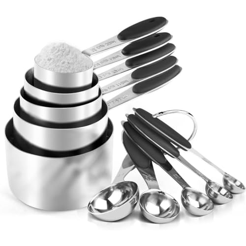 Measuring Cups and Spoons Set, Set of 10 Stainless Steel Measuring Cups and Spoons, with Silicone Handles, Stackable, Easy to Store for Kitchen, Cooking, Baking (Black)