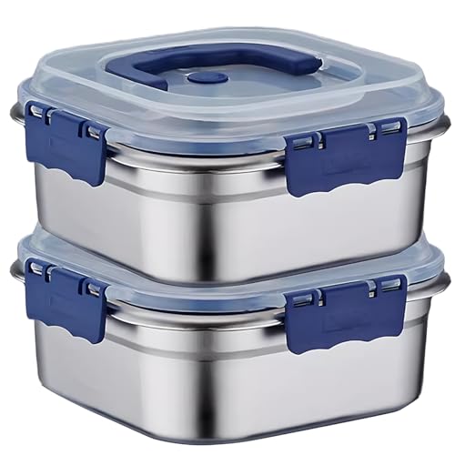 2PCS Kimchi Containers, 1.8L Stainless Steel Airtight Containers with Lids & Handle & Buckle Oven Safe for Roasting, Brining, Meal Prep, Storing