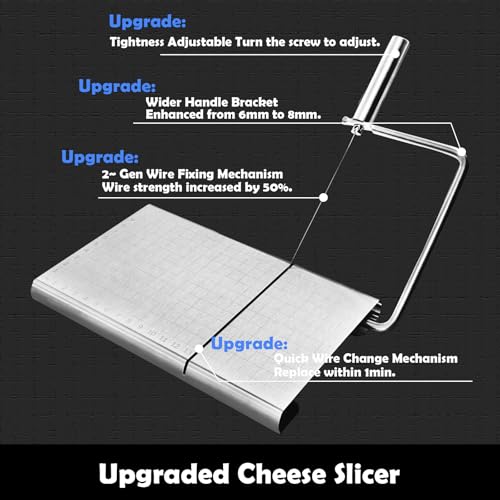 Cheese Slicer with Cutting Board and Measuring Grid, Adjustable Stainless Steel Wire Cheese Cutter for Block Cheese, Includes 5 Replacement Wires, Easy to Clean and Use