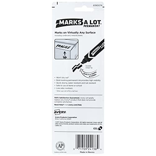 AVERY Marks-A-Lot Permanent Marker, Jumbo Desk-Style Size, Chisel Tip, Water and Wear Resistant, Black Marker (24138) (Pack of 2) - size: 1 Count (Pack of 2)
