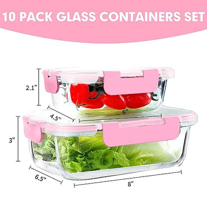 VERONES 10Pack Glass Meal Prep Containers, Airtight Glass Lunch Containers,Stackable Food Storage Containers Set with Lids,Exclusive of BPA, for Microwave,Oven, Freezer&Dishwasher Friendly,Pink - color: Pink