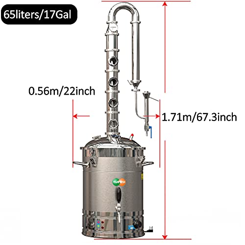 YUEWO 110V Electric 304 Stainless Steel Alcohol Distiller Flute Reflux Column Still with Sight Glasses Wine Making Kit for DIY Whisky Wine Brandy Gin - size: 65Liters/17Gal