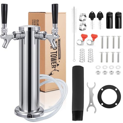 Kegerator Tower Dual Tap Beer Tower Dispenser, Draft Beer Tap Tower Kegerator Parts, Upgraded 3" Flange Keg Tower with Pre-Assembled Tubing & Self-Closing Brass Beer Faucet Stainless Core - size: Dual Tap Beer Tower(Brass Faucet)