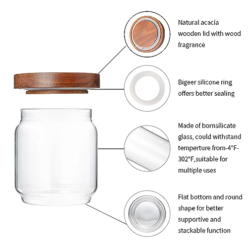 15 OZ Glass Jars with Airtight Acacia Wood Lids, 4 PCS | Kitchen Storage Container, High Borosilicate Glass Canisters for Tea, Sugar, Coffee Beans