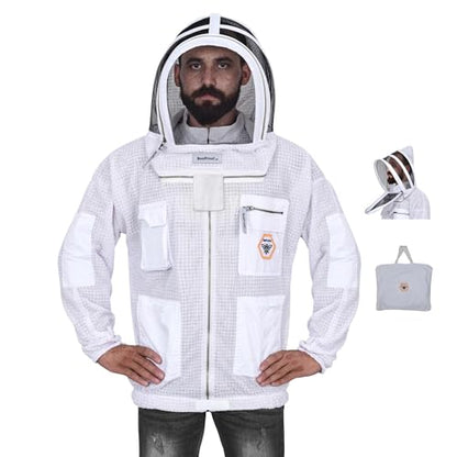 Beekeeping Jacket with Veil 3-Layer Ultra Ventilated Veil Fencing YKK Zippers Full Protection Suit Carrying Bag (BP-301-White)-XS - color: White Fencing Veil, size: XS