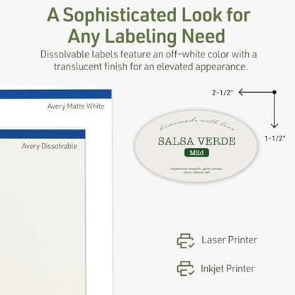 Avery Dissolvable Oval Labels, Sure Feed Technology, 1.5" x 2.5", Matte White, Laser/Inkjet Printable, 90 Labels Total, Freezer-Safe, Microwave-Safe, Refrigerator-Safe - style: 90 labels