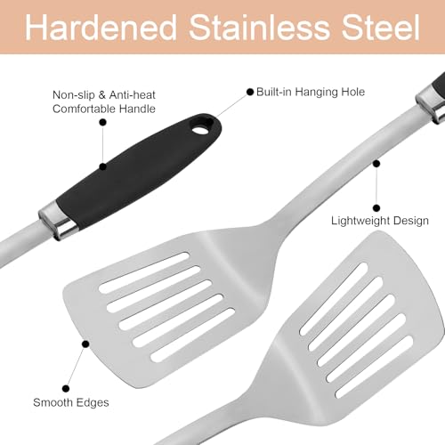 3 Piece Stainless Steel Cooking Utensils Set, Metal Slotted Spoon, Slotted Turner Spatula and Skimmer Set for Cooking, Frying, Serving, Dishwasher Safe - color: B-Silver Cooking Utensils