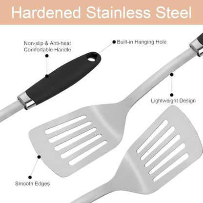 3 Piece Stainless Steel Cooking Utensils Set, Metal Slotted Spoon, Slotted Turner Spatula and Skimmer Set for Cooking, Frying, Serving, Dishwasher Safe - color: B-Silver Cooking Utensils