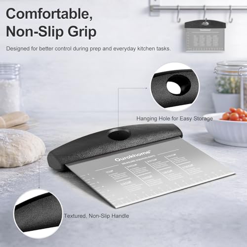 Ourokhome 2 Pack Bench Scraper Dough Cutter, Stainless Steel Dough Scraper with Laser-Etched Scale, Conversion Chart, Non-Slip Handle, Dishwasher Safe for Bread & Pastry, Black - color: Black