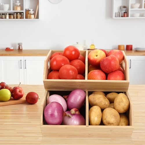 2 Set Pantry Organizers and Storage Bins, Bamboo Stackable Baskets for Potatoes, Onion, Bread, Vegetables - Bamboo Pantry Organizer Containers for Drawer, Cabinet, Countertop
