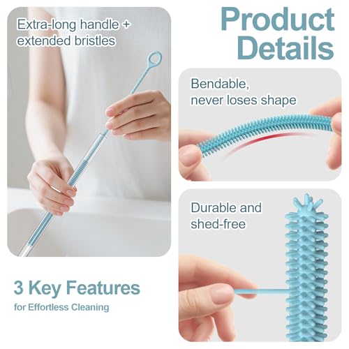 YOTIME Straw Cleaner Brush Extra Long 12.6 inch, 2Pcs Reusable Silicone Straw Brush for Sippy Cup, Water Bottle and Tubes, 6mm+9mm, Blue - color: Blue