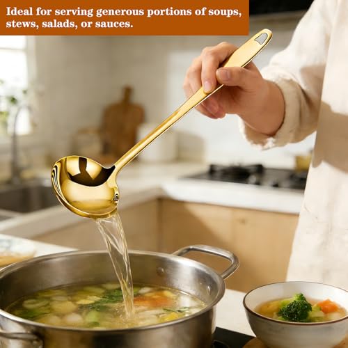 304 Stainless Steel Metal Ladle, Gold Soup Ladle Large Serving Spoon with 11.6" Handle for Cooking Stirring, Dishwasher Safe