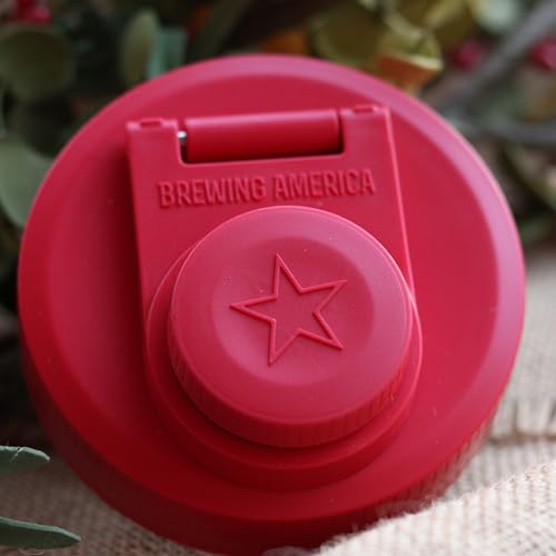Brewing America Glass Mason Jar Pitcher with Lid - Azure Jars, 1 Quart (32 oz) with Old Glory Red Wide Mouth Pour Lid, for Smoothie, Boba Cup, Sun Tea, Cold Coffee Glass Tumbler, 2-Pack - color: Old Glory Red