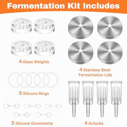 Xileanalee Fermentation Kit Set for Wide Mouth Mason Jar,Sauerkraut/Pickling Kit with 4 Glass Fermentation Weights,4 Fermenting Lids,4 Airlocks,5 Silicone Gaskets,5 Silicone Grommets(No Jars) - color: White