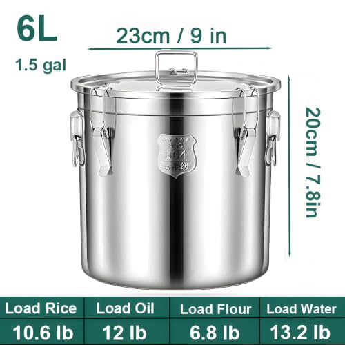 1.5갤런 304 스테인리스 스틸 용기, 뚜껑 포함, 5.7kg(206온스) 밀폐 밀가루 용기, 2.3-4.5kg(5-10파운드) 주방 금속 밀폐 통, 쌀, 밀가루, 곡물, 커피콩, 설탕, 쿠키용 6L - size: 6L