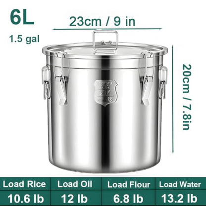 1.5갤런 304 스테인리스 스틸 용기, 뚜껑 포함, 5.7kg(206온스) 밀폐 밀가루 용기, 2.3-4.5kg(5-10파운드) 주방 금속 밀폐 통, 쌀, 밀가루, 곡물, 커피콩, 설탕, 쿠키용 6L - size: 6L