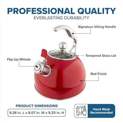 Viking 3-Ply Stainless Steel Tea Kettle, 2.6 Quart Stovetop Hot Water Pot with Tempered Glass Lid, Ergonomic Handle, Induction Ready, Red - color: Red