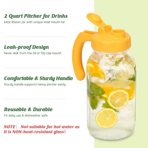 Soligt Glass Mason Jar Pitcher with Lid, Wide Mouth Flip Cap Pour Spout Leak-proof Lid with Handle, 64 oz (2 Quart /1.9 Liter), for Sun Tea/Iced Tea/Juice/Cold Brew Coffee/Milk (1 Pack, Vivid Yellow) - color: Vivid Yellow