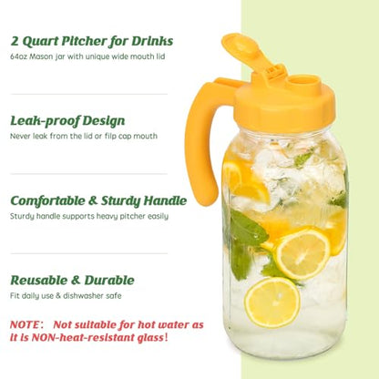 Soligt Glass Mason Jar Pitcher with Lid, Wide Mouth Flip Cap Pour Spout Leak-proof Lid with Handle, 64 oz (2 Quart /1.9 Liter), for Sun Tea/Iced Tea/Juice/Cold Brew Coffee/Milk (1 Pack, Vivid Yellow) - color: Vivid Yellow