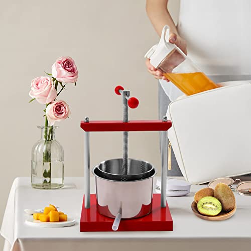 Fruit Wine Press,1.6Gallon Stainless Steel Barrels Press Machine,Heavy-duty Cross-beam Stainless Steel Fruit and Wine Press Maker with T-Handle for Outdoor, Kitchen (6L/1.6gal Silver, Red) - color: 6L/1.6gal Silver, Red