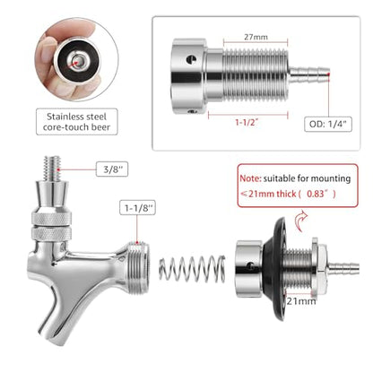 1-1/2'' Draft Beer Faucet Shank, 1/4'' Beer Line Barb No Leak No Drip No Stick Stainless Core Kegerator Brew Tap Beer Shank Dispenser Self-Closing Spring Tap Brush Spanner Wrench Hose Clamp - size: 1-1/2''