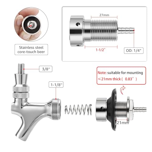 1-1/2'' Draft Beer Faucet Shank, 1/4'' Beer Line Barb No Leak No Drip No Stick Stainless Core Kegerator Brew Tap Beer Shank Dispenser Self-Closing Spring Tap Brush Spanner Wrench Hose Clamp - size: 1-1/2''