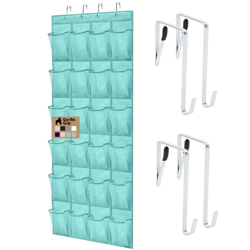 GORILLA GRIP Over the Door Shoe Organizer, 24 Large Breathable Mesh Pockets, Space Saving Hanging Storage Holder, Closet Rack Hanger Holds Up to 40 lbs, Hangs on Closets, Shoes, Accessories, Turquoise - color: Turquoise, size: 24 Pockets/4 Hooks
