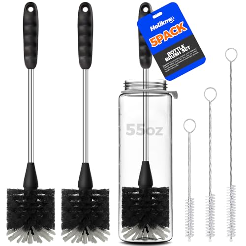 Holikme 5-Piece Bottle Brush Cleaner Set - 14" Stainless Steel Handle, 3 Straw Brushes, Cleans Water Bottles, Cups, Baby Bottles, Black & Grey - color: Black, size: 5Pack