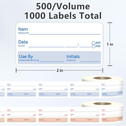 2 Rolls 1000 Pcs 1 X 2 inch Removable Food Date Sticker Labels, Easy to Write for Freezer, Refrigerator Food Containers Date Sticker, Leftover Labels (New-Blue-Red-Spanish) - style: New-Blue-Red-Spanish